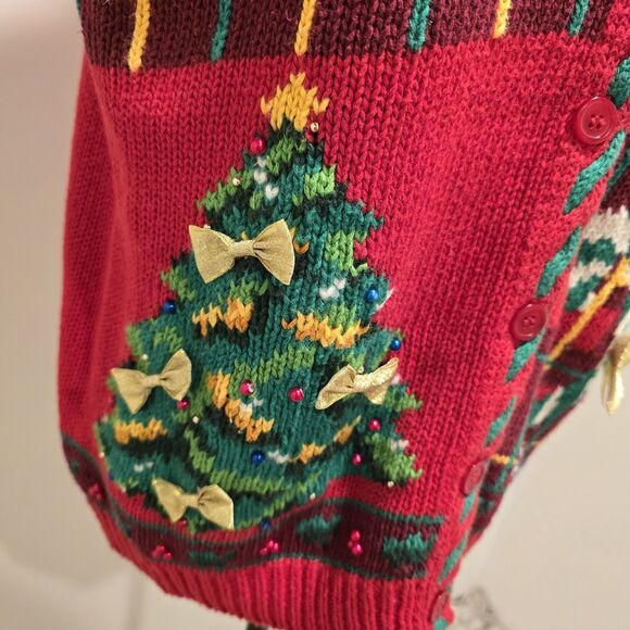Jennifer Moore Petites Ugly Christmas Sweater Vest Women's Medium Red Hand Knit - Picture 4 of 10